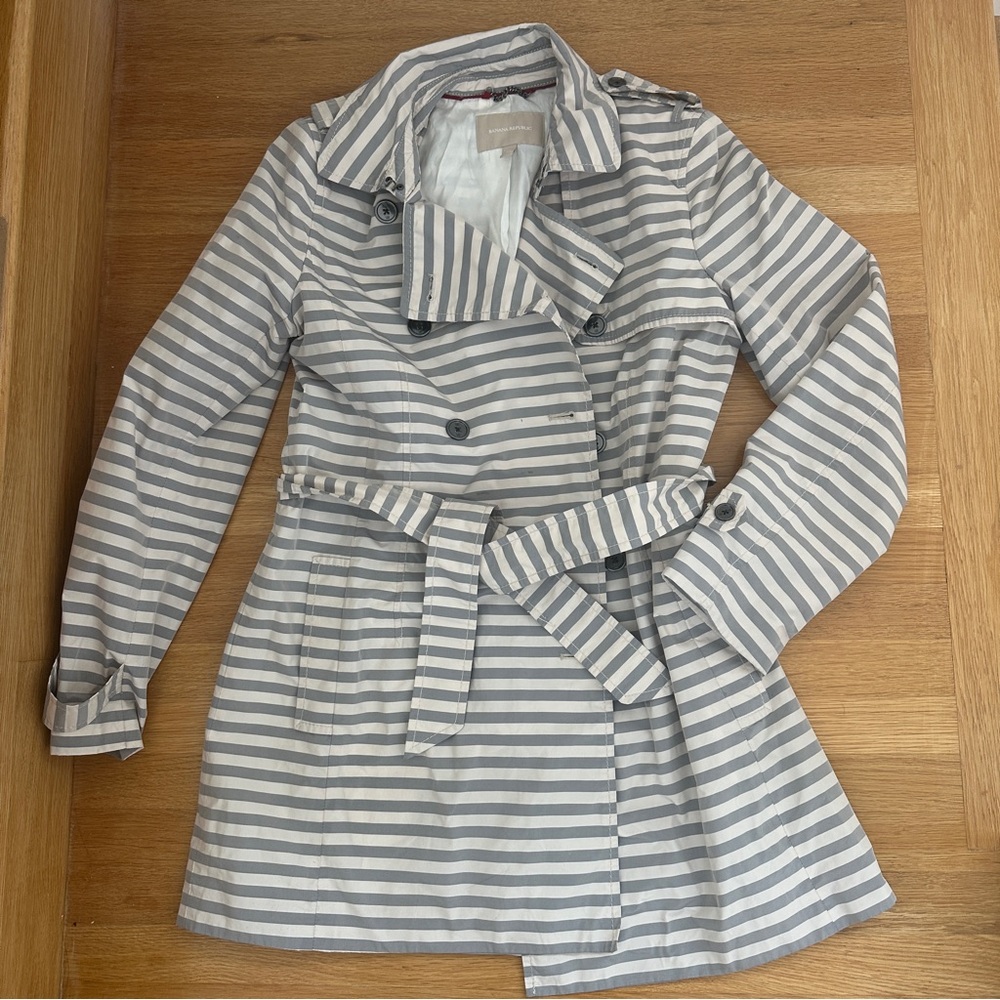 Banana Republic Gray and White Striped Trench Coat
